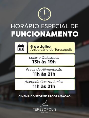 Na segunda-feira (06/07), aniversário de Teresópolis, o Teresópolis Shopping funcionará em horário especial.
Confira os horários de funcionamento e aproveite o feriado para passear, saborear a gastronomia e curtir momentos especiais por aqui! 💙