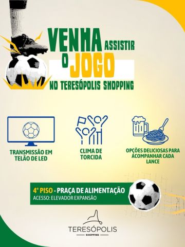 ⚽📺 O jogo fica ainda melhor quando a torcida se reúne!

Venha assistir à transmissão no telão de LED do Teresópolis Shopping e viva cada lance em clima de arquibancada. Aproveite também as opções da Praça de Alimentação para completar a experiência.

📍 4º piso – Praça de Alimentação (acesso pelo elevador da expansão).

Chama a galera e vem torcer com a gente! 🇧🇷