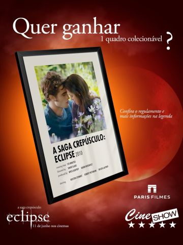 Quer ganhar 1 quadro colecionável de ECLIPSE da Saga Crepúsculo?
Então se liga nessa promoção do Cine Show em parceria com a Paris Filmes.

“POLTRONA PREMIADA”

Para participar:
✅ Curta o post oficial no perfil da @redecineshow
✅ Siga @redecineshow 
✅ Siga @parisfilmes
✅ Assista ao filme ECLIPSE no Cine Show

E boa sorte! 🤞🍀

Torça para a sua poltrona ser a POLTRONA PREMIADA!
Bora assistir ao filme e participar! 🍀

O sorteio será entre os dias 11 e 17 de junho, dentro da sala de cinema, em uma das nossas sessões do filme A Saga Crepúsculo: ECLIPSE.
O prêmio deverá ser retirado no Cine Show.

Assista #Eclipse #SagaCrepusculo no Cine Show!