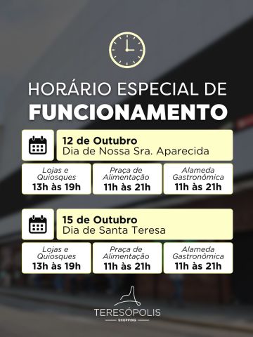 Programe sua visita ao Teresópolis Shopping! 🛍️✨
Para aproveitar nossas lojas, gastronomia e entretenimento com tranquilidade, confira os horários de funcionamento e organize seu passeio.
Esperamos por você! ✨