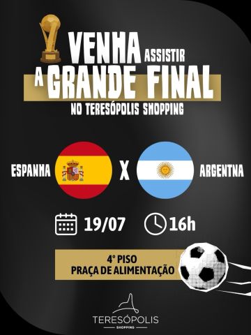 A grande final chegou! ⚽🏆
Agora queremos saber: qual seleção vai levantar a taça? 🇪🇸🏆🇦🇷 Deixe seu palpite nos comentários!
Neste domingo, às 16h, a emoção toma conta da Praça de Alimentação do Teresópolis Shopping com a transmissão de Espanha x Argentina.
Reúna a torcida, escolha seu lugar e venha acompanhar cada lance com a gente!
📍 Praça de Alimentação – 4º piso
📅 19/07 | ⏰ 16h