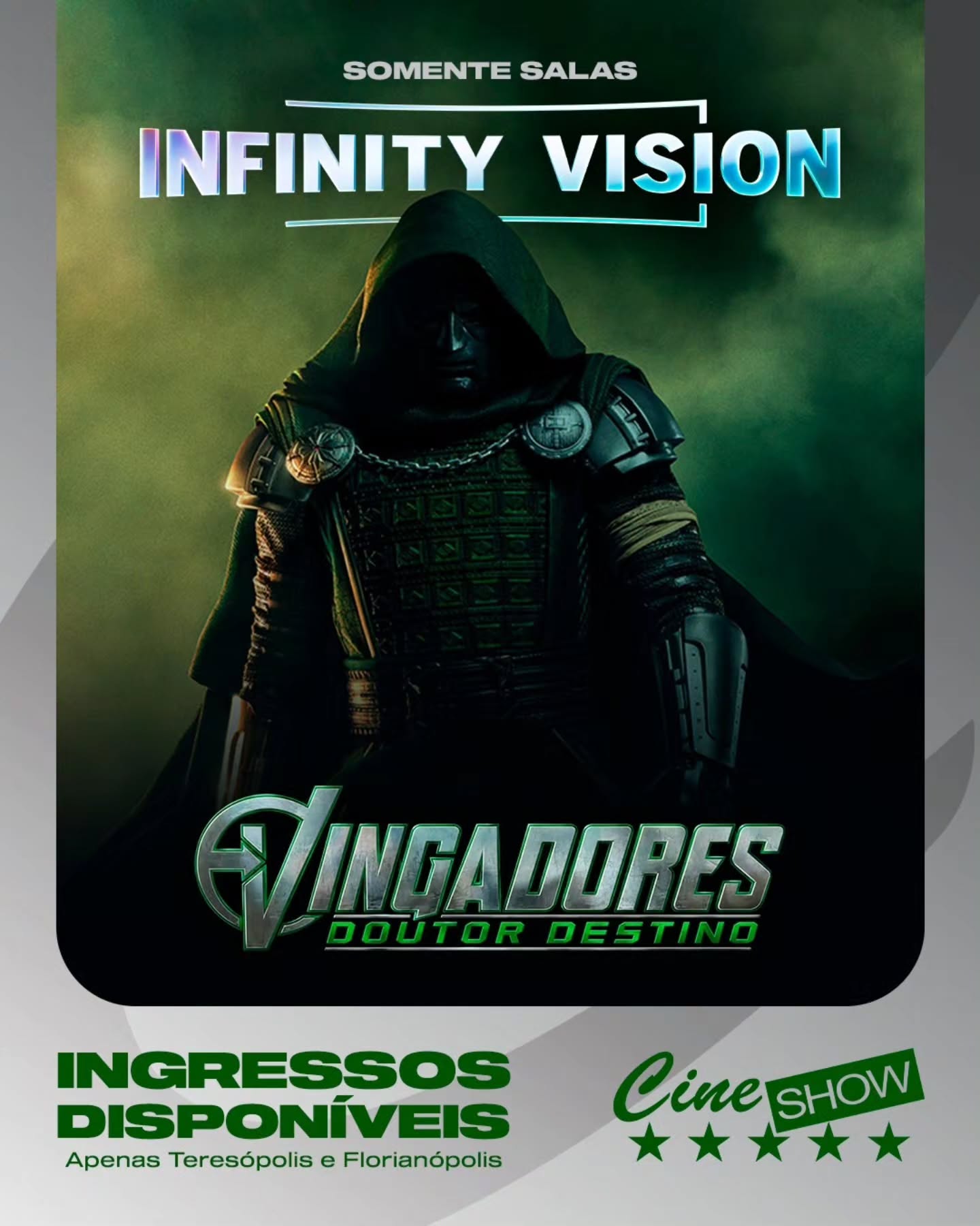 🎬✨ Você sabia que a Sala 4 do Cine Show Teresópolis recebeu uma certificação especial da Walt Disney Company?

A sala conta com o selo Infinity Vision, uma certificação de qualidade criada pela Walt Disney Company para identificar salas de cinema de Formato Grande Premium (PLF) que atendem a padrões técnicos avançados de projeção e áudio, proporcionando uma experiência ainda mais imersiva. 🍿

E chegou a hora de viver essa experiência com #Vingadores: Doutor Destino! 🦸‍♂️🔥

🎟️ A pré-venda já começou, com exibição em Infinity Vision no Cine Show Teresópolis – Sala 4.

Prepare-se para viver Vingadores em uma sala certificada para uma experiência de outro nível!

#CineShow #InfinityVision #Vingadores #DoutorDestino Marvel Cinema Teresópolis