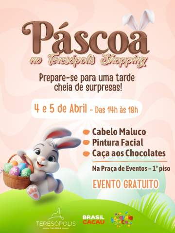 A Páscoa no Teresópolis Shopping vem com uma programação especial para toda a família.Nos dias 4 e 5 de abril, preparamos uma tarde com atividades gratuitas para as crianças, incluindo pintura facial, cabelo maluco e uma divertida caça aos chocolates.Um momento leve e cheio de alegria para aproveitar com os pequenos.📍 Praça de Eventos – 1º piso ⏰ Das 14h às 18hEvento gratuito. Esperamos você.