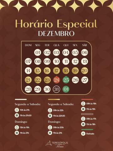 Confira o calendário de dezembro no Teresópolis Shopping!Um mês inteiro para aproveitar as compras de fim de ano e participar da campanha de Natal que vai sortear um Polo Track 0km! 🚗E tem mais:📲 Cadastre suas notas fiscais pelo QR Code e receba 2x mais cupons. ⭐ Já participou de alguma campanha do shopping nos últimos 12 meses? Então você ganha 3x mais cupons automaticamente!Consulte o regulamento!https://promocao.teresopolisshoppingcenter.com.br/promotion/mobile/nz3gq91s#teresopolisshopping #oshoppingdacidade #euamotere