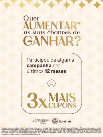 Quer aumentar suas chances de levar o Polo Track zero km pra casa?Se você participou de alguma campanha do Teresópolis Shopping nos últimos 12 meses, já começa com 3x mais cupons!É simples, é rápido e pode te deixar de carro novo neste Natal. 🎄📌 Regulamento disponível no link da BIO.#teresopolisshopping #oshoppingdacidade #euamotere