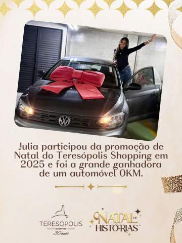 Participar da campanha de Natal do Teresópolis Shopping 2025 transformou o ano de 2026 da Julia.Ela foi a grande ganhadora de um automóvel 0KM e começou o ano novo com o pé direito!Obrigado a todos que participaram e fizeram parte dessa história.Em breve uma nova promoção recheada de prêmios para vocês!#teresopolisshopping #oshoppingdacidade #euamotere