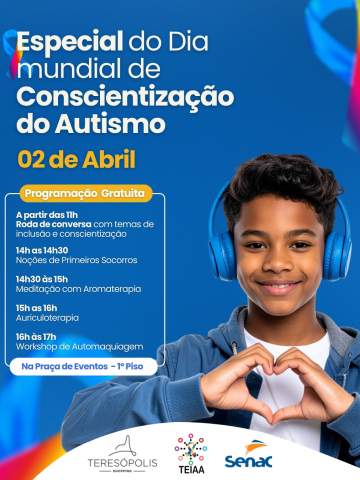 No dia 02 de abril, o Teresópolis Shopping recebe uma programação especial pelo Dia Mundial de Conscientização do Autismo.Um momento dedicado ao diálogo, ao cuidado e à inclusão, com atividades gratuitas ao longo do dia.📍 Praça de Eventos – 1º piso ⏰ A partir das 11hParticipe e venha fortalecer essa causa com a gente.