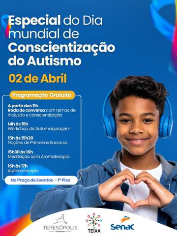 No dia 02 de abril, o Teresópolis Shopping recebe uma programação especial pelo Dia Mundial de Conscientização do Autismo.Um momento dedicado ao diálogo, ao cuidado e à inclusão, com atividades gratuitas ao longo do dia.📍 Praça de Eventos – 1º piso ⏰ A partir das 11hParticipe e venha fortalecer essa causa com a gente.