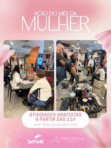 A programação do Mês da Mulher já começou no Teresópolis Shopping.Em parceria com o Senac, estamos realizando atividades gratuitas voltadas ao bem-estar, cuidado e autoestima, com serviços como automaquiagem, quick massage e aromaterapia.Uma oportunidade para viver um momento de cuidado e aprendizado ao longo do dia.Local: Praça de Eventos – 1º piso A partir das 11hEsperamos você.
